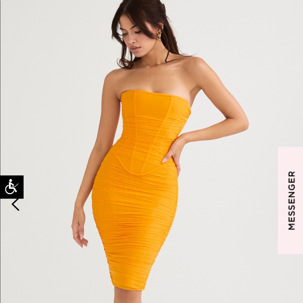 House of CB Julianna dress- orange mesh midi dress XS